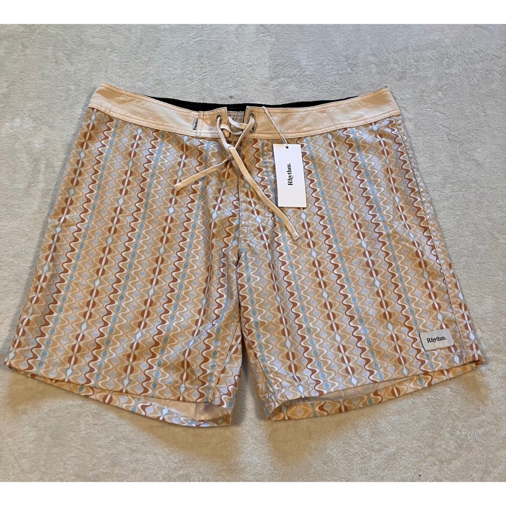 Rhythm Sunray Trunk Mens 36 Gold Retro Wavy Print Board Shorts NWT